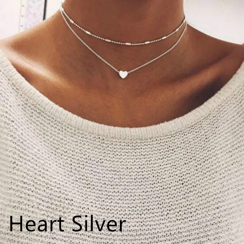 heart silver Чокер Ожерелье Воротник звено Цепочка Золото Серебро Сердце Звезда Ожерелье с Луной женское ожерелье Бохо Чокеры ожерелье s Прямая - Окраска металла: heart silver