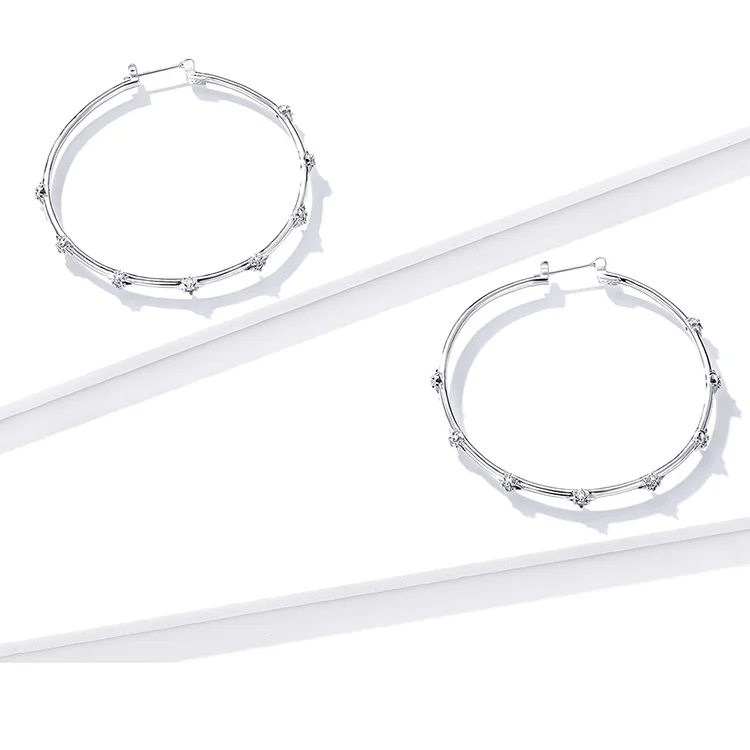 Большие круглые серьги BISAER,, простые серьги-гвоздики со звездами для женщин, модные серебряные ювелирные изделия EHE014