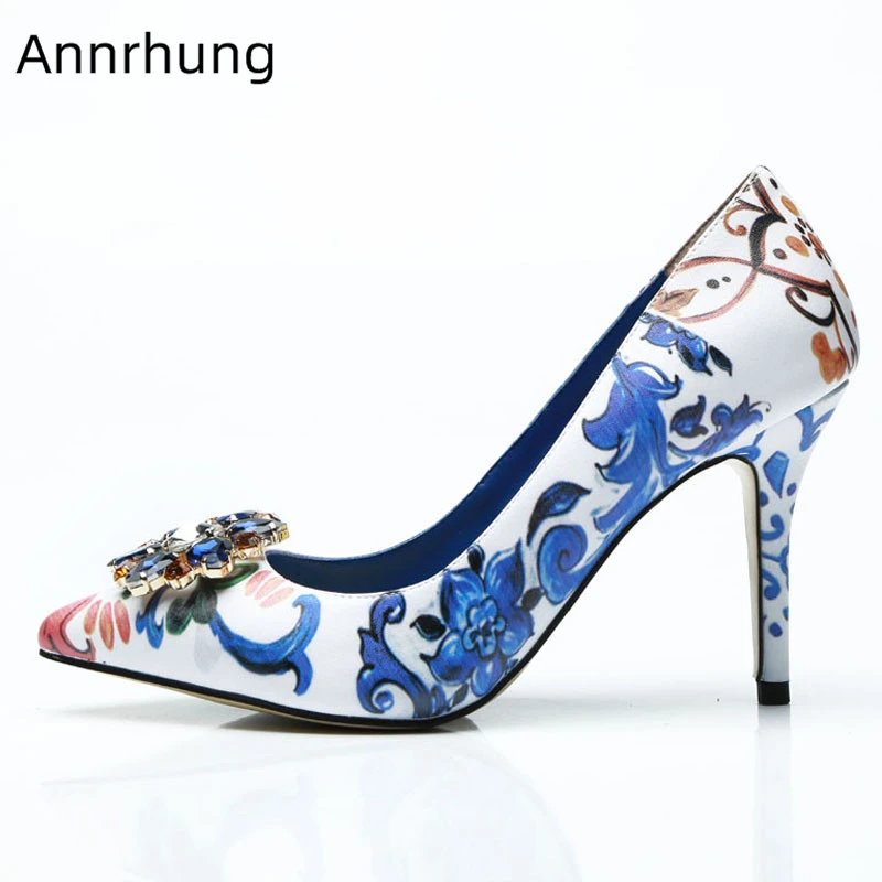 

Crystal Flower Buckle 10cm High Heel Pumps Women Sexy Pointed Toe Thin Heel Blue Printed Flower Shallow Shoes Party Shoes Woman