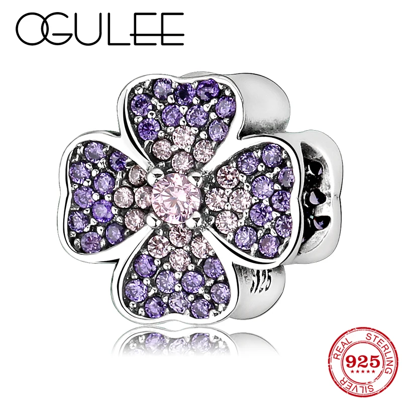 

2018 Hot 925 Sterling Silver purple peach blossom Flower petals CZ Fine beads Fit Original Pandora Charm Bracelet Jewelry making