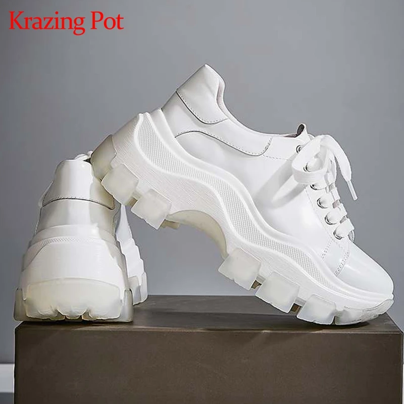 Krazing Pot/; белые кроссовки из натуральной кожи с круглым носком на платформе; обувь на толстой высокой подошве со шнуровкой в консервативном стиле; Вулканизированная обувь; L9f1