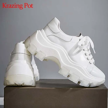 

Krazing Pot 2020 genuine leather round toe platform white sneakers thick high bottom lace up preppy style vulcanized shoes L9f1