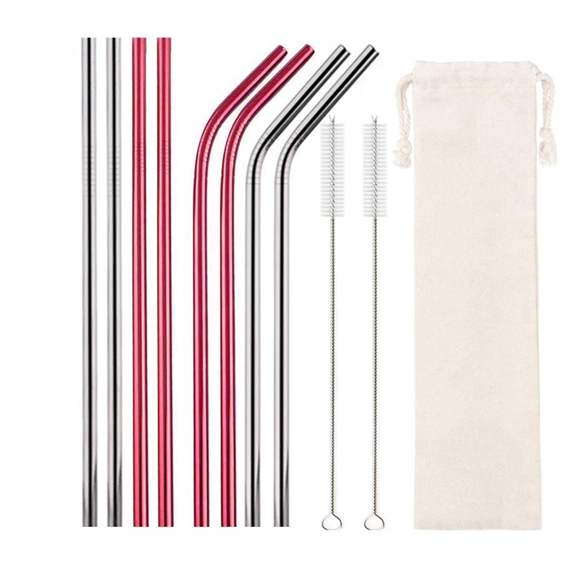 Vibrant Reusable Eco-Friendly Stainless Steel Straw Set - 10 Colorful Straws