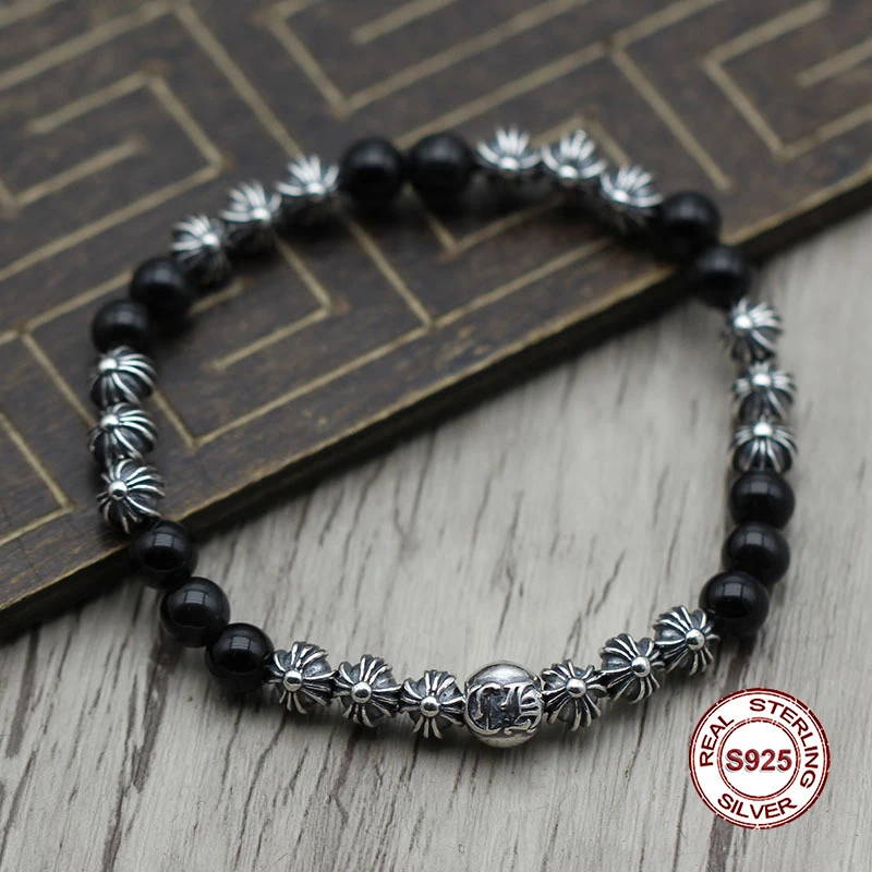 

S925 Sterling Silver Handle Crossed letters obsidian hand string Personality retro couple models Classic punk style Send a gift