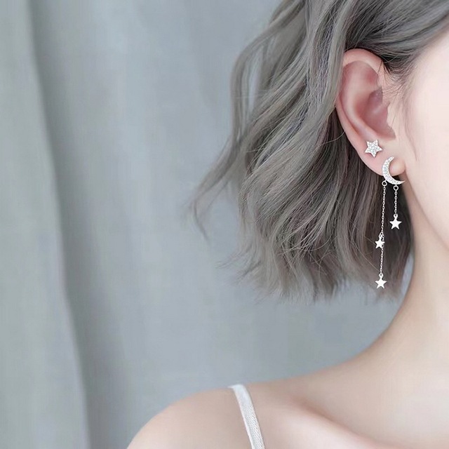 Simple Moon Star Rhinestone Long Chain Earrings For Women Shine Sun Crescent Geometric Tassel Piercing Earring Party Jewelry