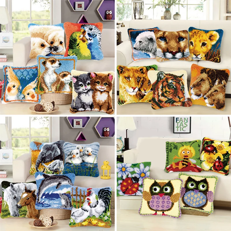 DIY Hand Knitted Embroidered Cushion Cover Animal Birds Tiger Unfinished Pillow Embroidery Material Latch Hook garen om te haken