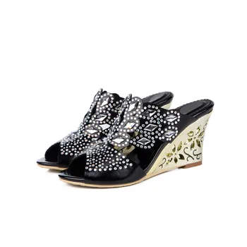 

Christia Bella Sexy Women Wedge Heels Shoes Bohemian Style Open Toe High Heels Slippers Formal Dress Fashion Crystals Pumps
