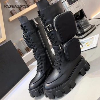 

Pocket Bag Attached Lady Combat Boots Black Two Pockets Decor Zipper Belt Buckle Shoes Flat Platform Cool 2020 Winter Bootie