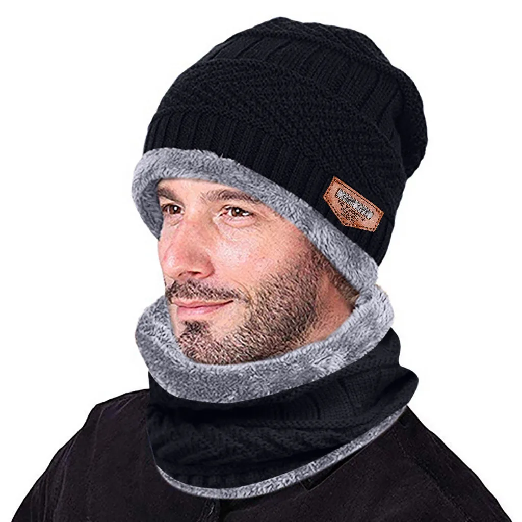 Мужская теплая шапка, зимняя шапка, утолщенная шапка и шарф, двухсекционная вязаная ветрозащитная шапка, флисовый плотный шарф, мужской теплый шарф для улицы