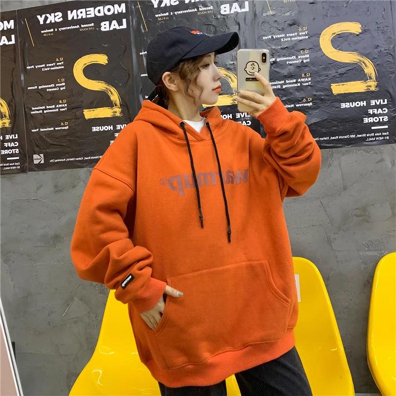 Новая женская хлопковая толстовка с капюшоном и буквенным принтом Harajuku, бархатная Толстая теплая осенне-зимняя Повседневная Толстовка для девочек, утепленное пальто