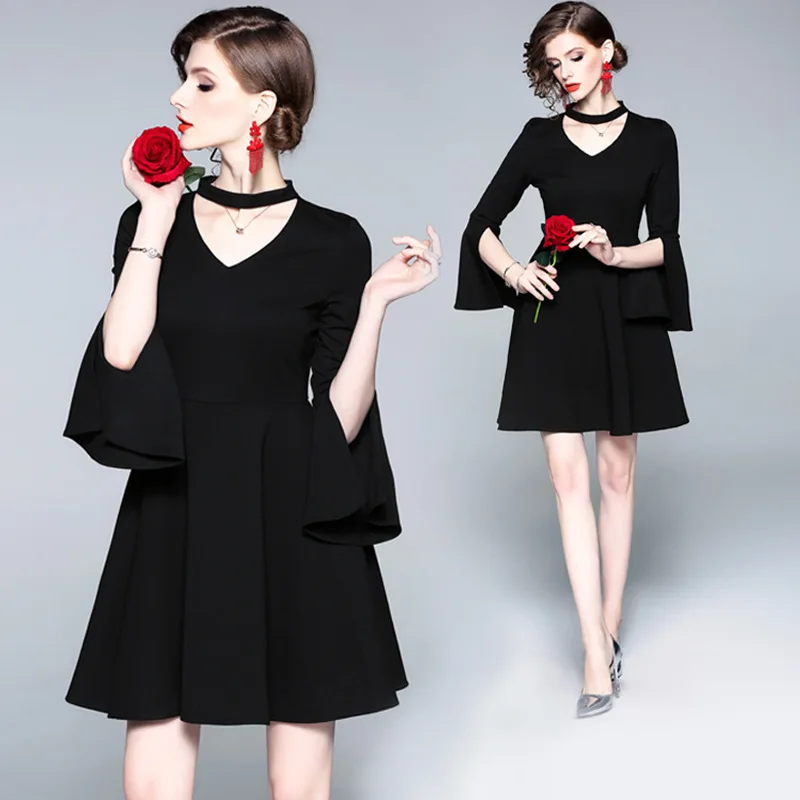 

Ozhouzhan 2019 Spring New Style Black And White with Pattern Versatile V-neck Graceful Formal One-piece Dress Big Skirt Black Dr