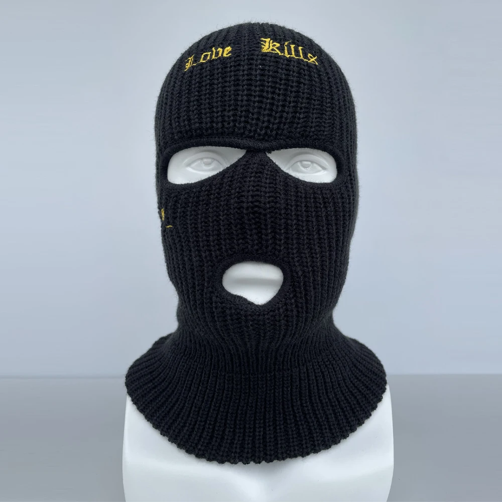 best beanie brands 3-Hole Knitted Rose Flower/Broken Heart Embroidery Face Cover Ski Mask Winter Balaclava Warm Full Face Mask for Outdoor Sports black skully hat