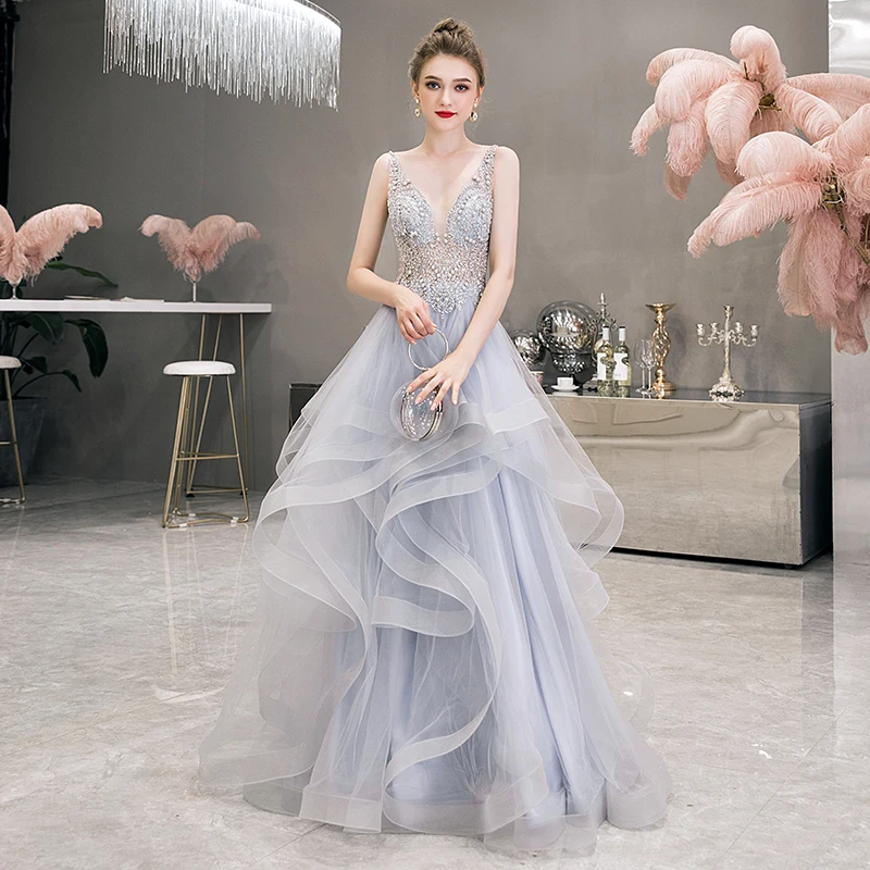 SSYFashion, новинка, Роскошные платья высокого класса с v-образным вырезом, без рукавов, с бисером, Длинные вечерние платья, платья для особых случаев, Vestido De Noche