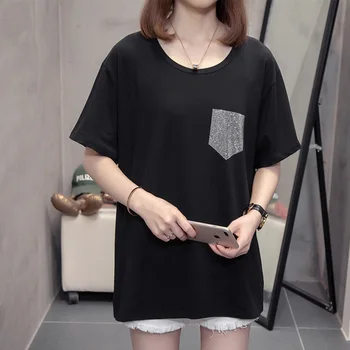 

Diamond t-shirt large size short-sleeved female black 200g Suitable for women tops Korean style Soft High Quality summer T-shirt