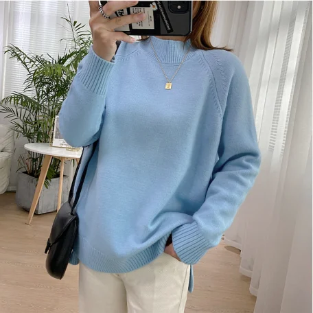 

2021 Women Neck Pullovers Sweater High Quality Oversized Jumper Split Fall Winter Clothes Beige Purple Green 8 Colors