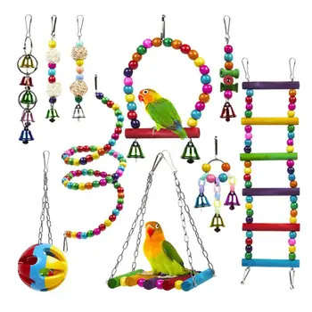 

10Pcs Wooden Parrot Ladders Hammock Bird Cage Swing Perch Stand Hanging Chew Ball Bell Puzzle Toys for Small Parrots Conures