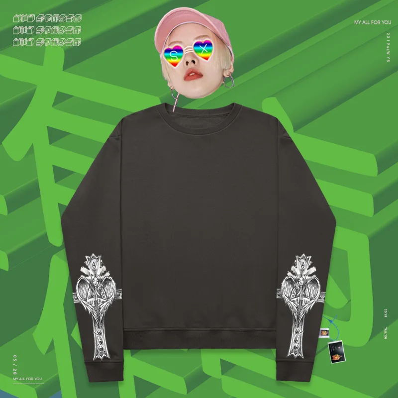 Long-sleeved clothes rap slim handsome skateboard Stickers Ins heart shape Print Ins fashion silhouette oversize sisters - Color: Washed black