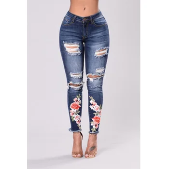 

Women Cool Hole Pencil Casual Ripped Denim Pants Long Maxi Jeans Slim Trousers