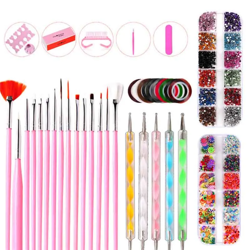 

37Pcs Nail Art Brushes Set Striping Tape Stickers Rhinestones Decoration Box Dotting Manicure Set For Nail Foils Design Tool Kit