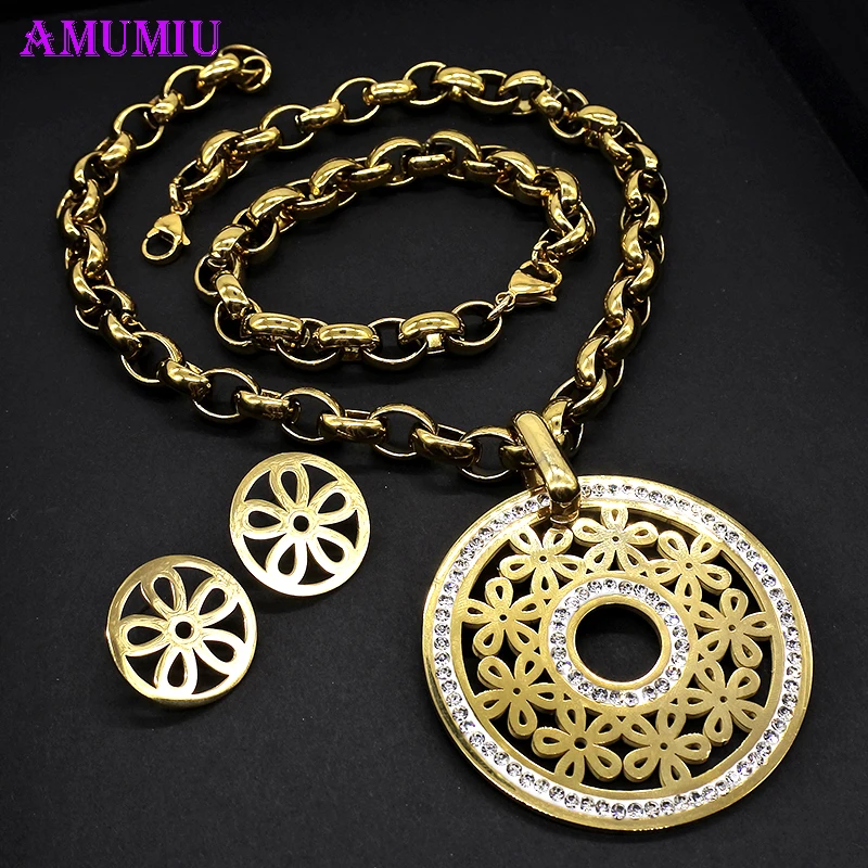 

AMUMIU Stainless Steel Jewelry Crystal Flower Round necklace+Pendants+ Earring gold color sets For Women JS169