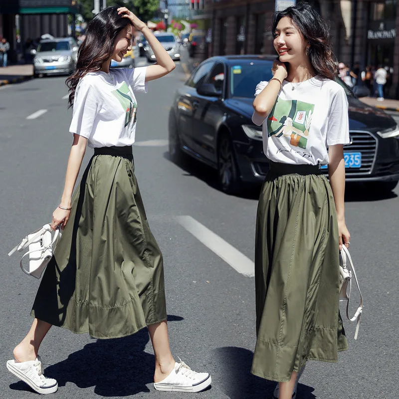 

Set/Suit Skirt 2019 Summer Crew Neck Printed Elegant Versatile Elegant Skirt