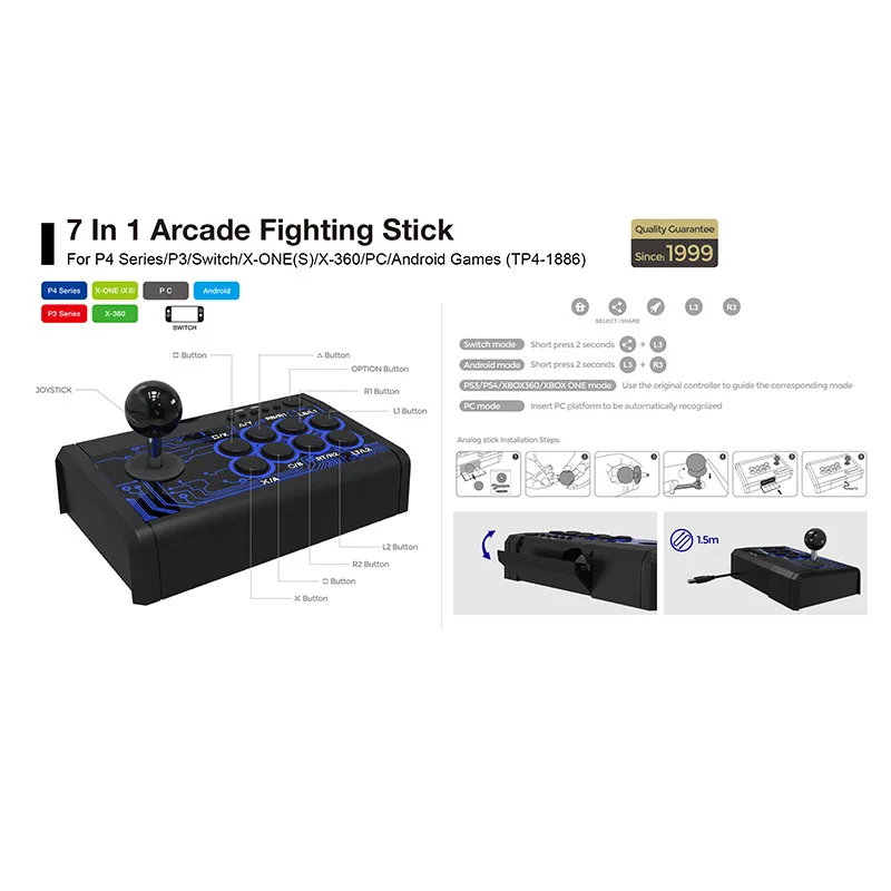 7 IN 1 Arcade Fight Stick USB Gaming Controller Joystick For PS4/ SWITCH / P3/PC/Android Phone/Android Tablet/XBoxOne(S)/360