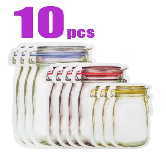 Dodostyle многоразовые бутылки Mason Jar Ziplock Сумки для орехов, конфет, печенья сумка для хранения свежих продуктов сумка для хранения закусок герметичный Органайзер - Цвет: 10pcs