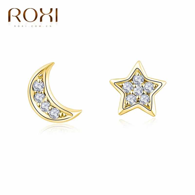 ROXI 925 пробы, серебряные серьги-гвоздики для женщин, ювелирное изделие, модные крошечные асимметричные серьги с Луной и звездой, простые серьги с кубическим цирконием