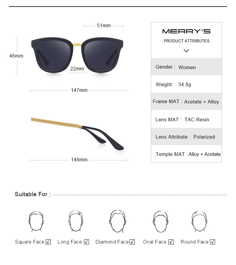 MERRYS дизайн женские модные квадратные Поляризованные Солнцезащитные очки женские роскошные брендовые трендовые солнцезащитные очки UV400 защита S6082N