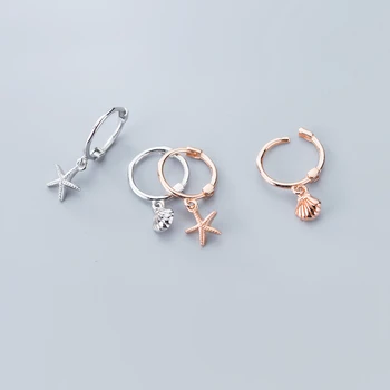 

925 Sterling Silver Asymmetrical Starfish Shell Pendant Small Hoops Earrings Rose Gold Color Ear Ring Earings Jewelry for Women