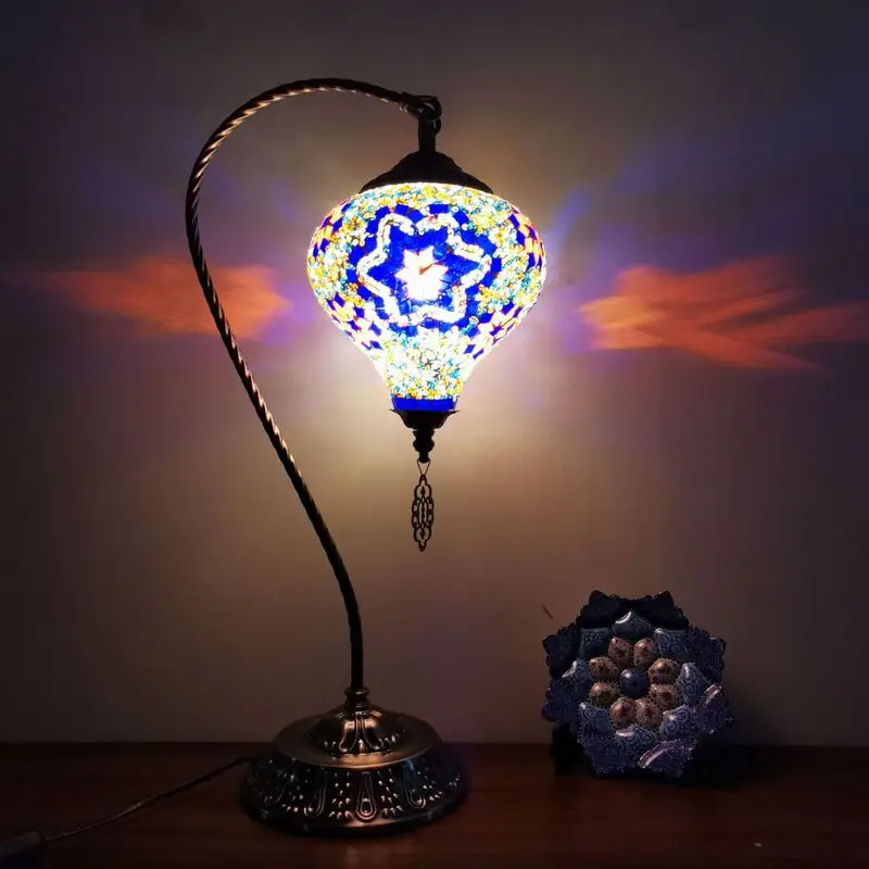 

Classical Bohemia Turkish Handmade Exotic E14 Warm Masac Glass Gooseneck Copper Sitting Base Table Lamp Bedroom Bedside Lamp
