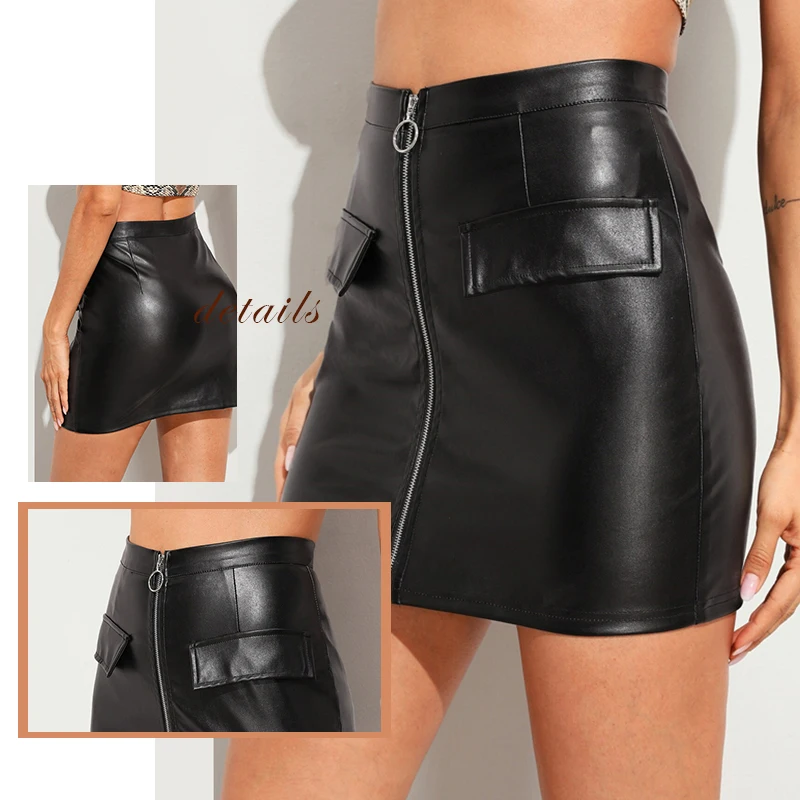 Sheinside Повседневное из искусственной кожи юбка-карандаш Для женщин осень передней уплотнительное кольцо молниями юбки женские черные минималистская юбка