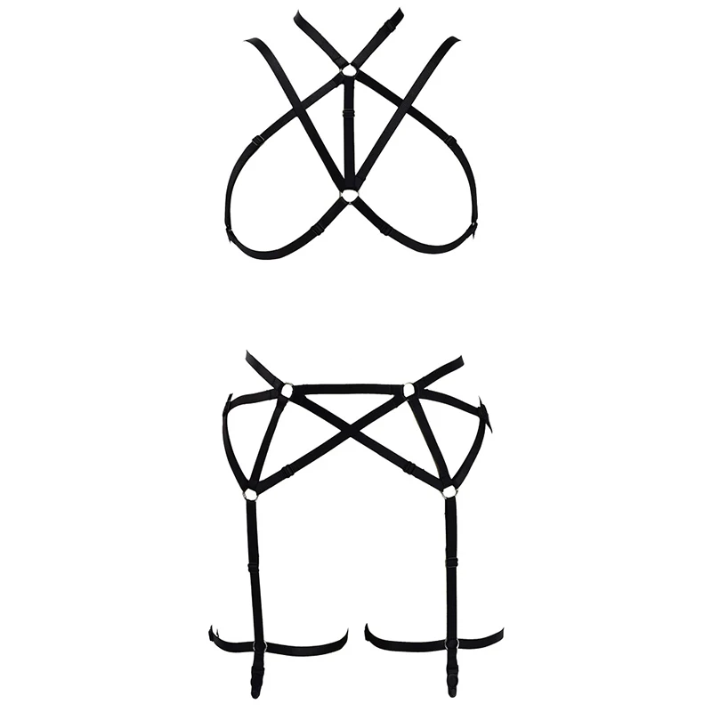 Harajuku Punk Body Harness Elastic Lingerie Chest Black Belt Sexy Bra Metal Rivet Crop Top Caged Plus Size Women