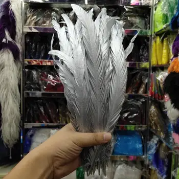 

Hot 100/500pcs Beautiful Double Sided Silver Rooster tail feather 10-12inch/25-30cm For Decorative Accessories