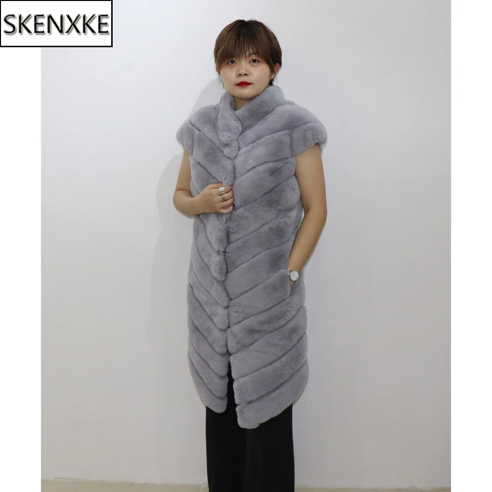 

100% Natural Fur Vest For Women Long Style Full Pelt Female Real Rex Rabbit Fur Waistcoat Russian Lady Winter Genuine Fur Gilets