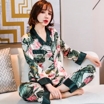 

Pajamas women's spring and autumn long-sleeved viscose thin silk suit Korean printing loose large size casual ladies pajamas