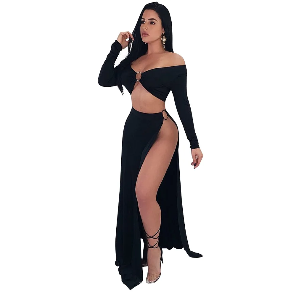 

Black vest slim crop top with side slits Stella sexy hoop detail long skirt suit