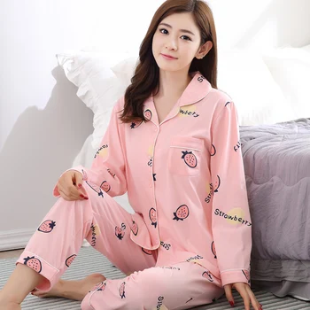 

100% Cotton Pajama Sets For Women 2020 Autumn Winter Long Sleeve Pyjama Girl Cute Homewear Lounge Cardigan Clothing Pijama Mujer
