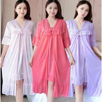 

Loose 2 pieces suits nightgowns for women long nightwear nightdress solid lace silk sleepshirt summer dress tops pijama mujer
