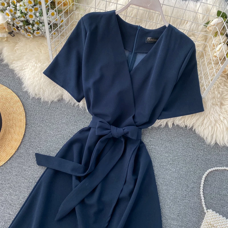 ALPHALMODA Весна Лето Женское платье с v-образным вырезом и короткими рукавами ТРАПЕЦИЕВИДНОЕ однотонное женское Повседневное платье