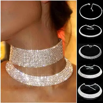 

Women Fashion Luxury Rhinestone Collar Choker Necklace Wedding Birthday Jewelry Elegant Bride Silver Necklace Simple Short Chain