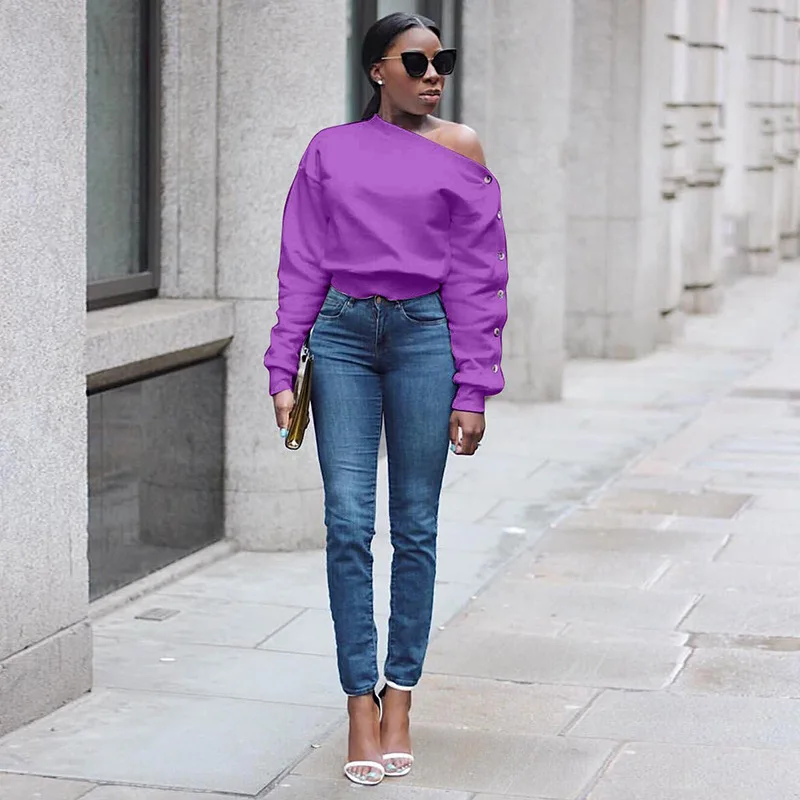Женская футболка с длинным рукавом на пуговицах и открытыми плечами, Асимметричный вырез, одноцветные базовые Топы, весенне-Летняя Сексуальная футболка с рукавом