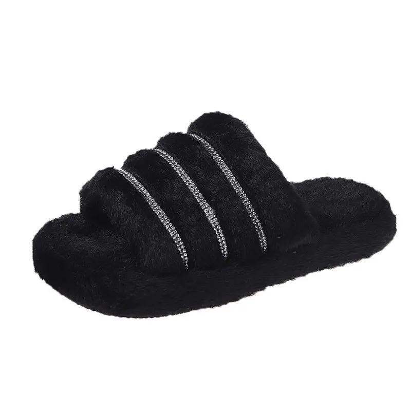 

Womens Fuzzy Slippers Sandals Plush Open Toe Faux Fur Fluffy House Slippers Soft Warm Rhinestone Bedroom Slide Slippers Ladies