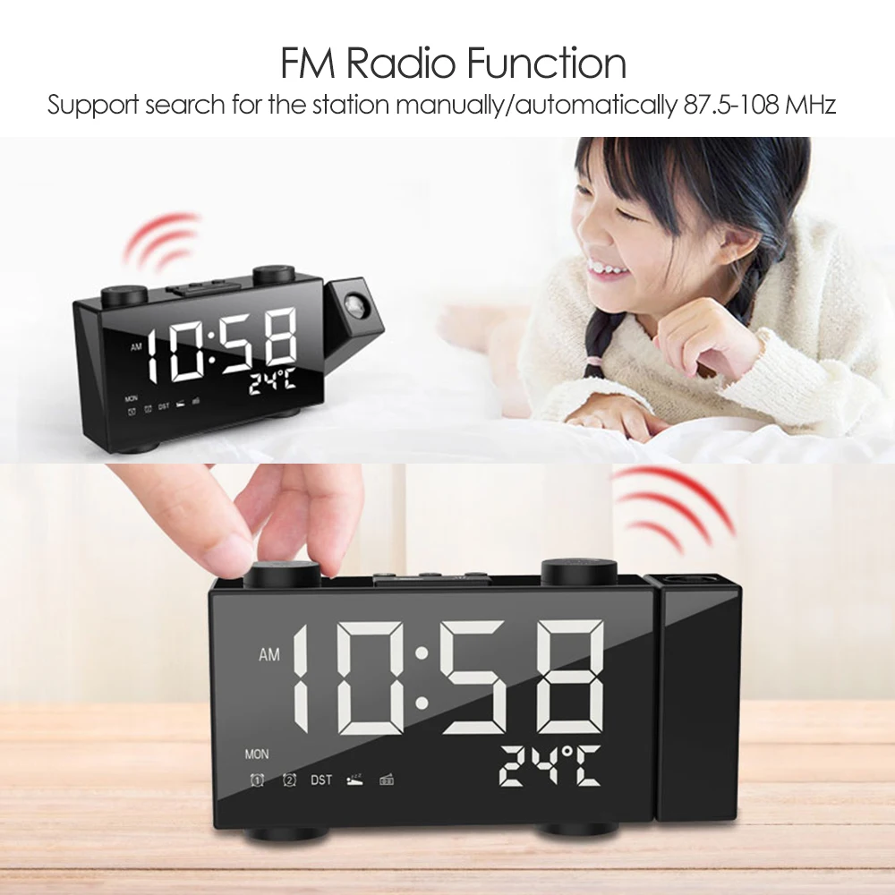 Digital Alarm Clock FM Projection Radio Alarm Clock with Snooze Thermometer Table Clock USB LEDs Alarm Clocks