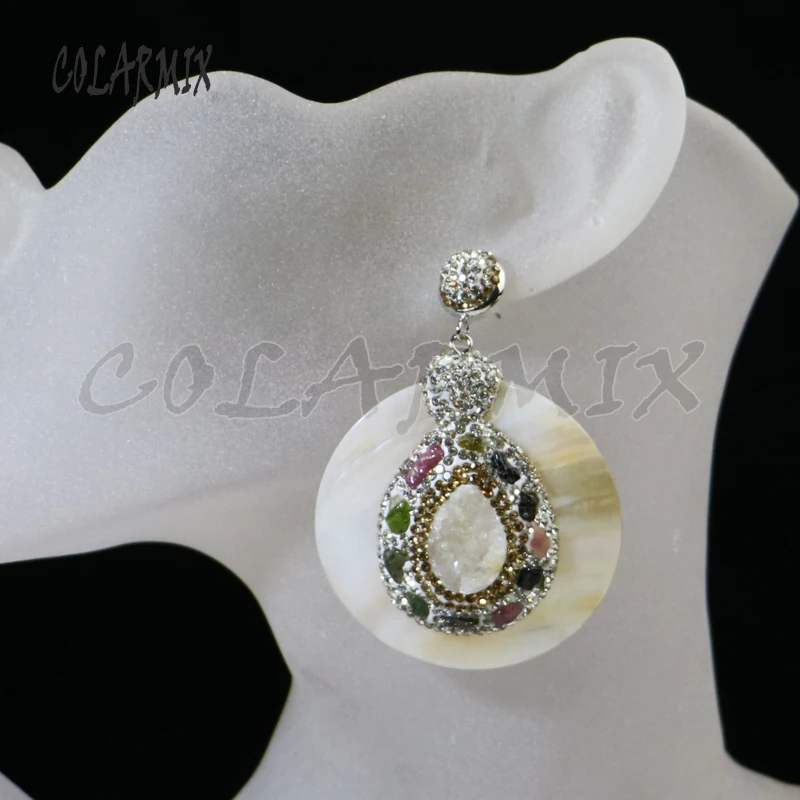 

3 Pairs Round shell earrings Rhinestone &Tiny stone earrings Natural shell earrings gift for lady 8085