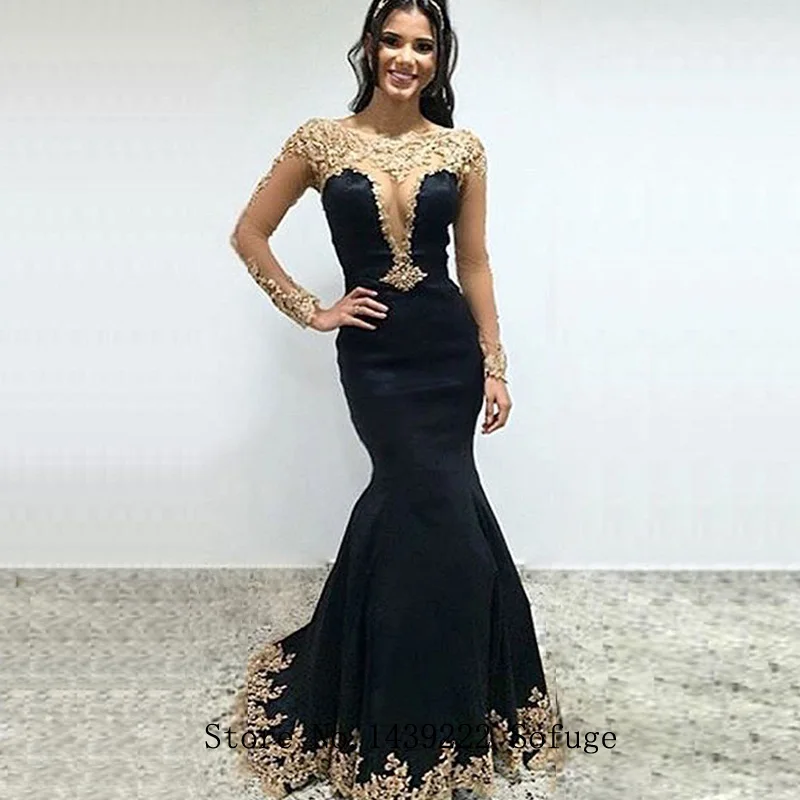 Черный Black Evening Dresses Prom Girl Satin Scoop Golden Lace Appliques Arabic Vestidos De Fiesta Robe De Soiree Custom Made - Цвет: Черный