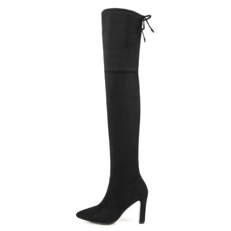 KemeKiss Size 32-46 Winter Thigh High Boots Women Lace Up Sexy Pointed Toe Add Fur Warm Stretch Shoes Women Sexy High Heel Boots