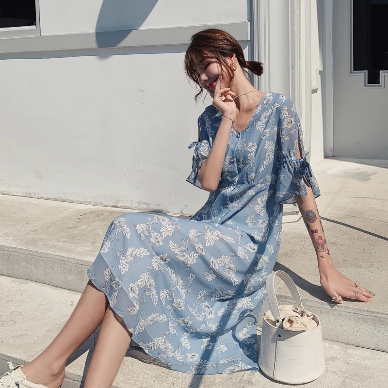 2020 винтажный синий шифоновый пляжный сарафан с v образным вырезом летнее платье