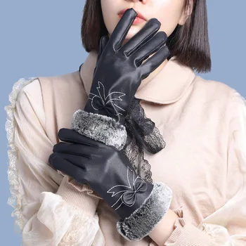 

DRESSUUP 2019 Autumn and Winter Fashion Ladies Leather Gloves Bow Plus Velvet Warm Fur Touch Screen Gloves