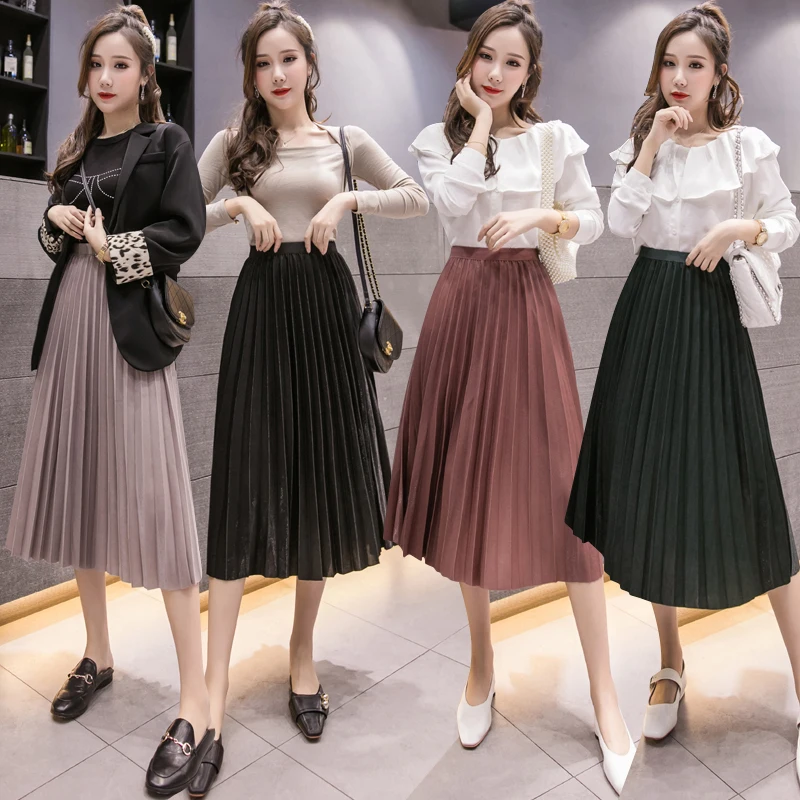 

Women 2019 New Autumn Winter Midi Pleated Skirt High Waist A-line Slimming Female Skirts Basic Fashion Chic Women Skirts
